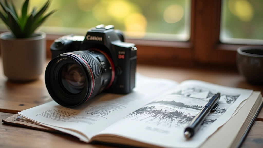 Professional camera on wooden table with landscape photography composition notes and notebook for planning outdoor shots