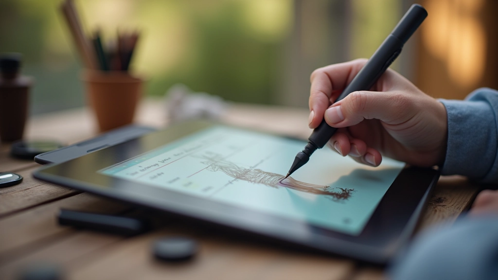 Close-up of digital stylus on tablet screen showing drawing interface with multiple brush options and color swatches visible