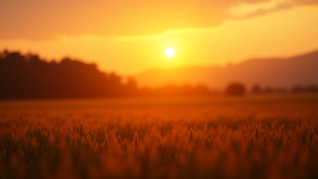 Golden hour sunset landscape photograph with warm color temperature creating cozy atmospheric feeling in the image