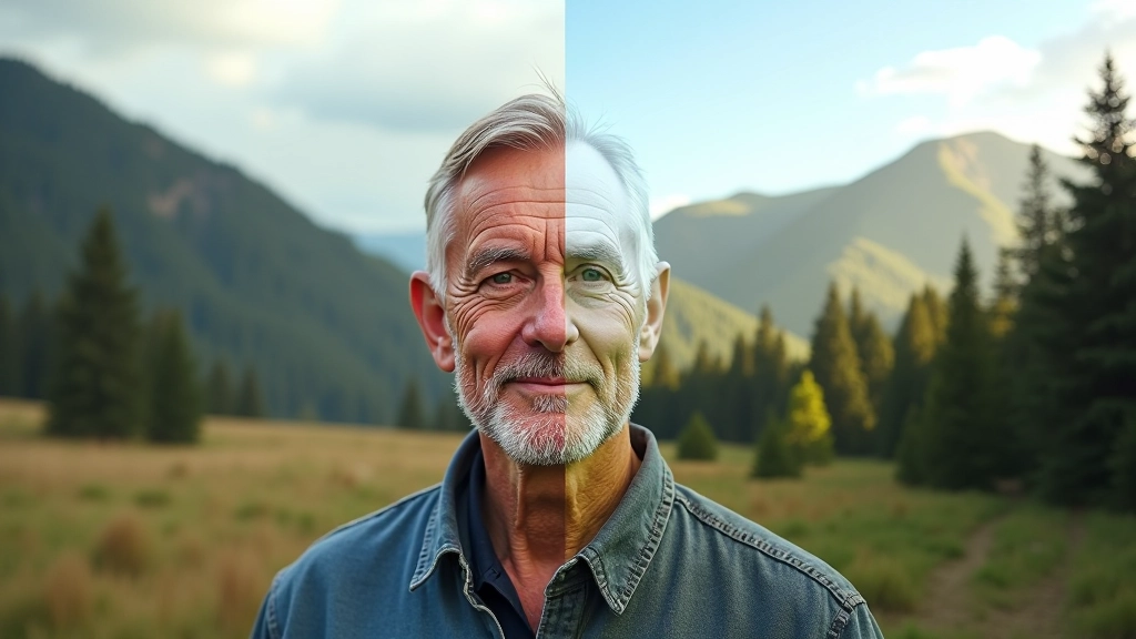 Comparison showing landscape photo with muted colors on left transforming to vibrant natural colors on right side with saturation adjustment applied