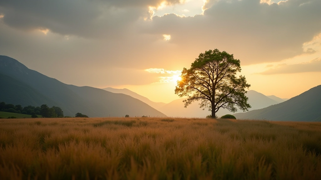 Landscape photograph showing a lone tree positioned asymmetrically with mountains and sky creating balanced composition