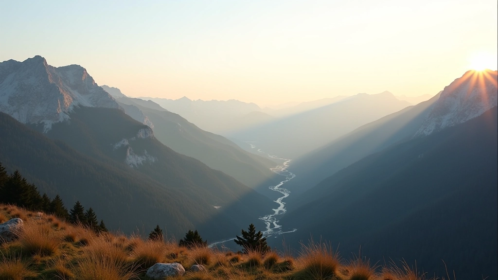Mountain landscape showing rule of thirds grid overlay with horizon positioned on lower third line, demonstrating proper composition technique