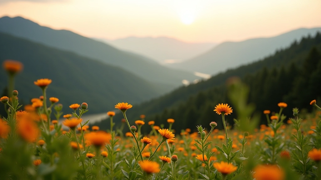 Layered landscape composition showing foreground wildflowers, middle ground forest, background distant mountains demonstrating depth technique