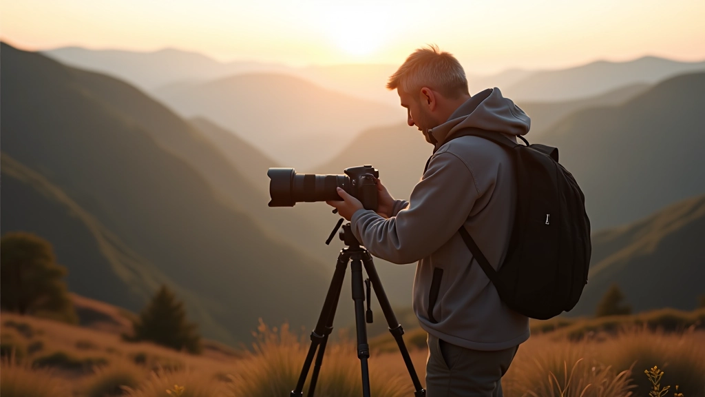 Landscape photographer setting up camera equipment on a hillside overlooking mountains and valley, golden hour light, preparation shot