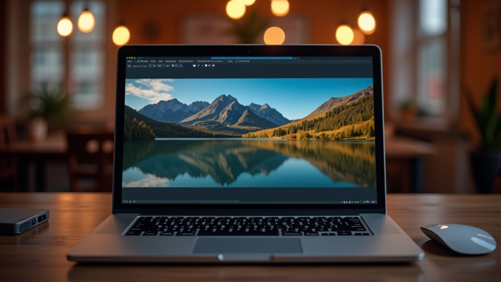 Laptop screen showing photo editing software with landscape image and adjustment sliders visible