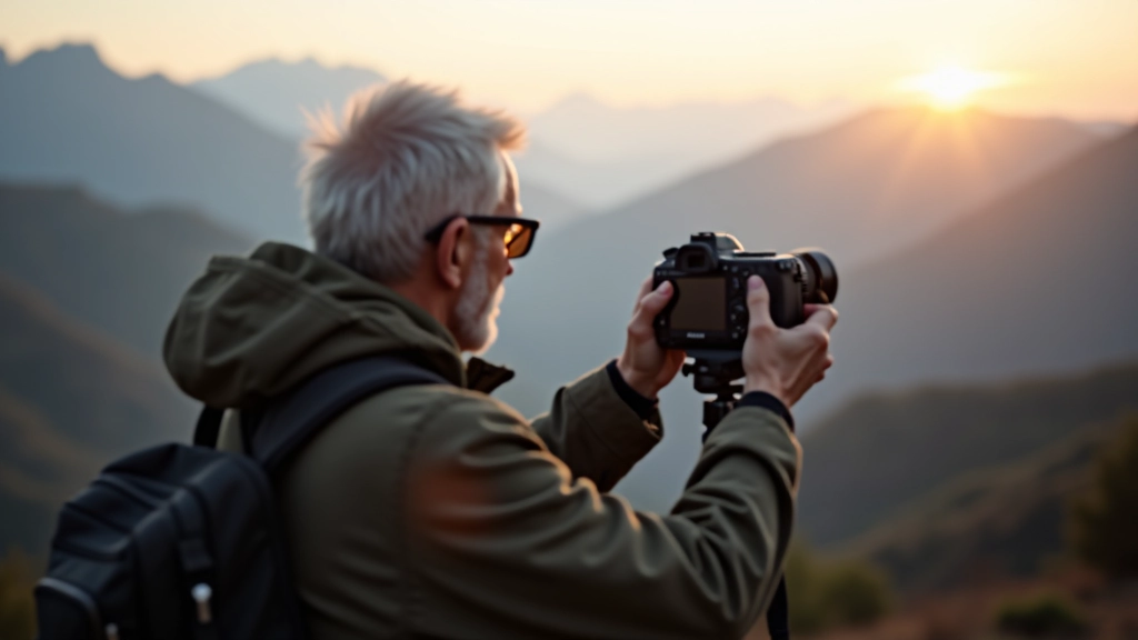 Close-up of photographer reviewing landscape images on a digital camera screen outdoors