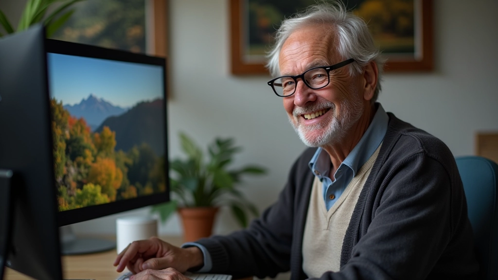 Senior photographer reviewing edited landscape images on computer monitor in natural daylight studio environment
