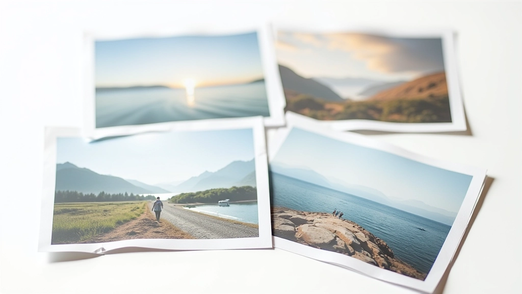 Collection of printed landscape photographs showing different composition techniques and visual styles