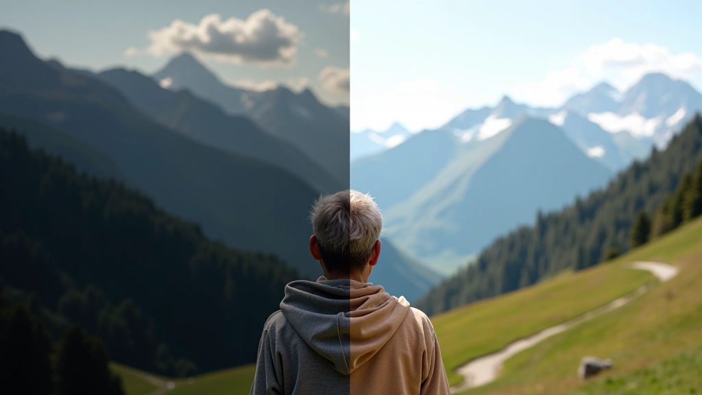 Before and after comparison showing landscape photo with brightness adjustment demonstrating underexposed to properly exposed transformation