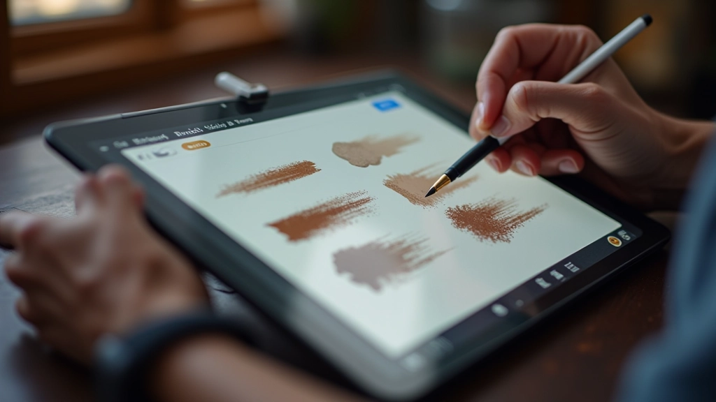 Screen showing brush library interface with different brush shapes and textures displayed in selection panel