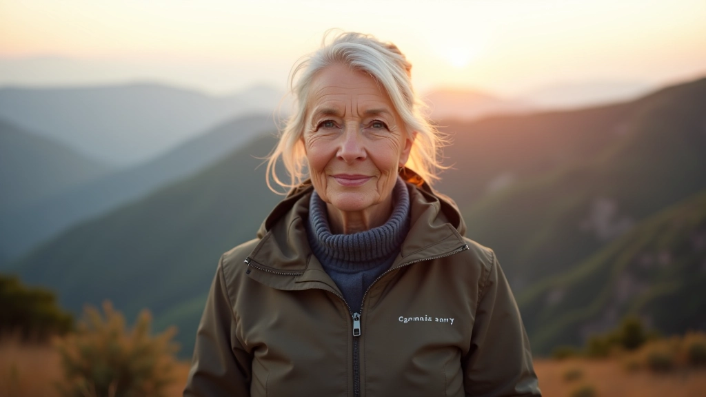Older woman holding professional camera in outdoor landscape setting with mountains in background